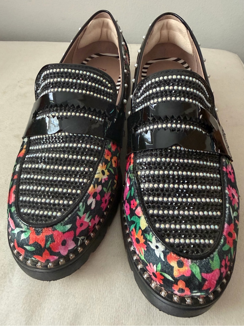 Betsey Johnson Black Floral Studded Loafers